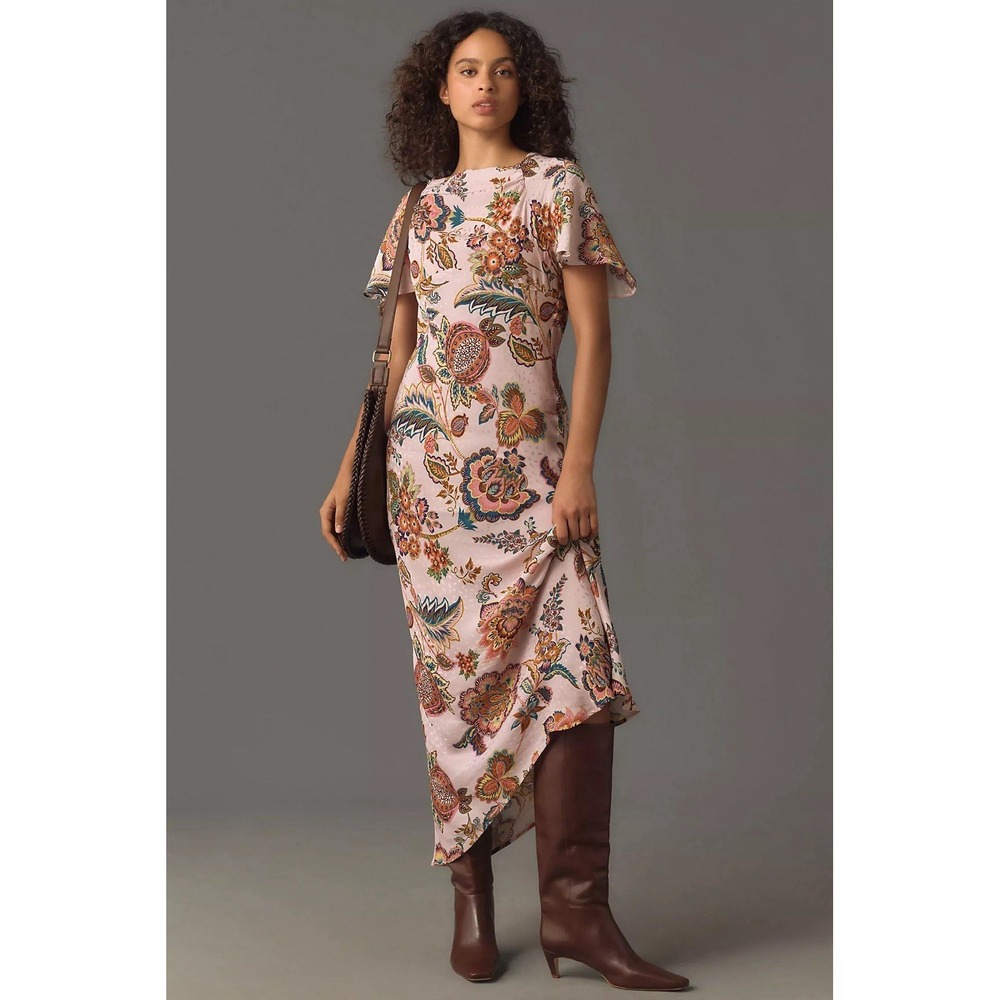 Anthropologie x Kachel Flutter-Sleeve Floral Slip Dress Sz 6 Boho Countryside